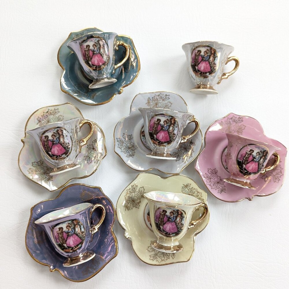 Vintage Demitasse Iridescent 7 Piece Cup & Saucer Set Japan Courting Couple